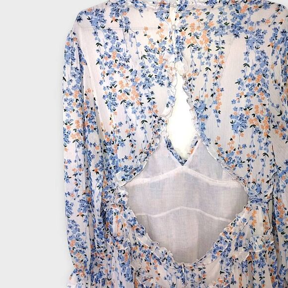 Ladies Dress Sz XL Ruffles Floral Blue Low V Open Back Coquette Cottagecore Shee - Picture 9 of 14